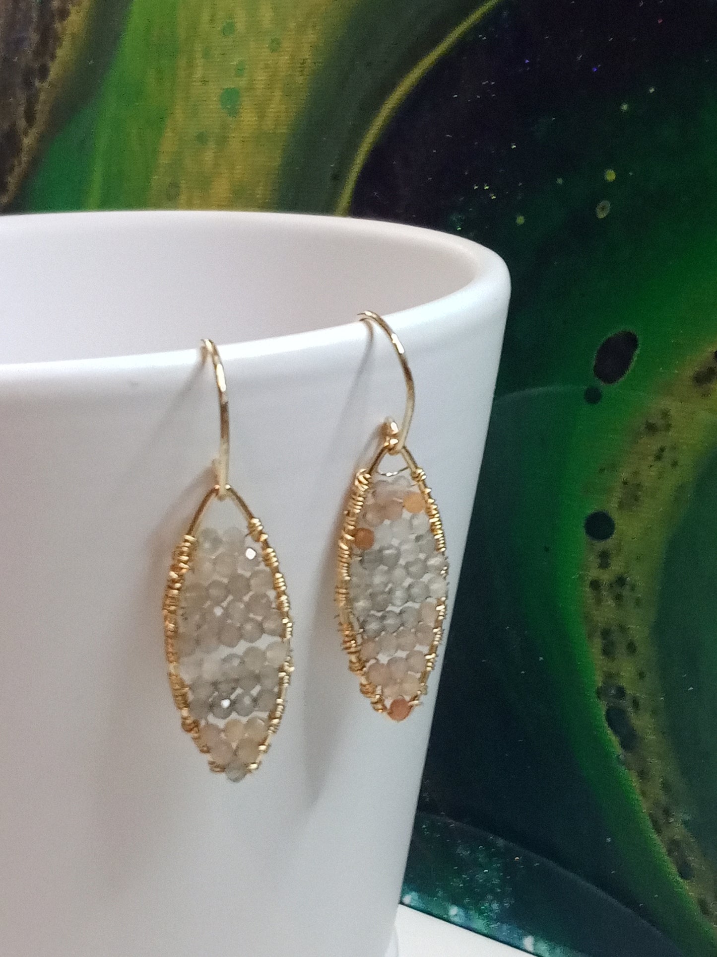 Multi-Colored Moonstone & Gold-Filled Geometric Dangle Dainty Sparkle Beaded Earrings