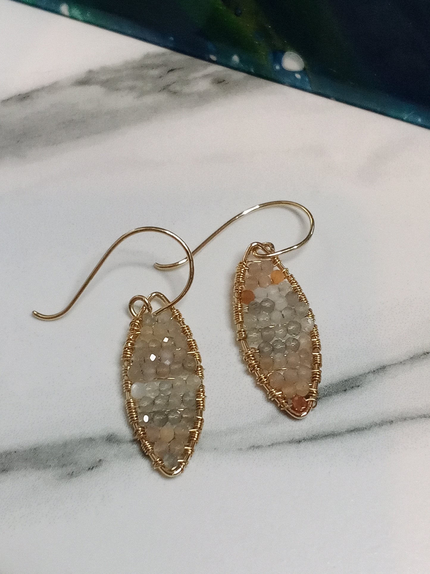 Multi-Colored Moonstone & Gold-Filled Geometric Dangle Dainty Sparkle Beaded Earrings