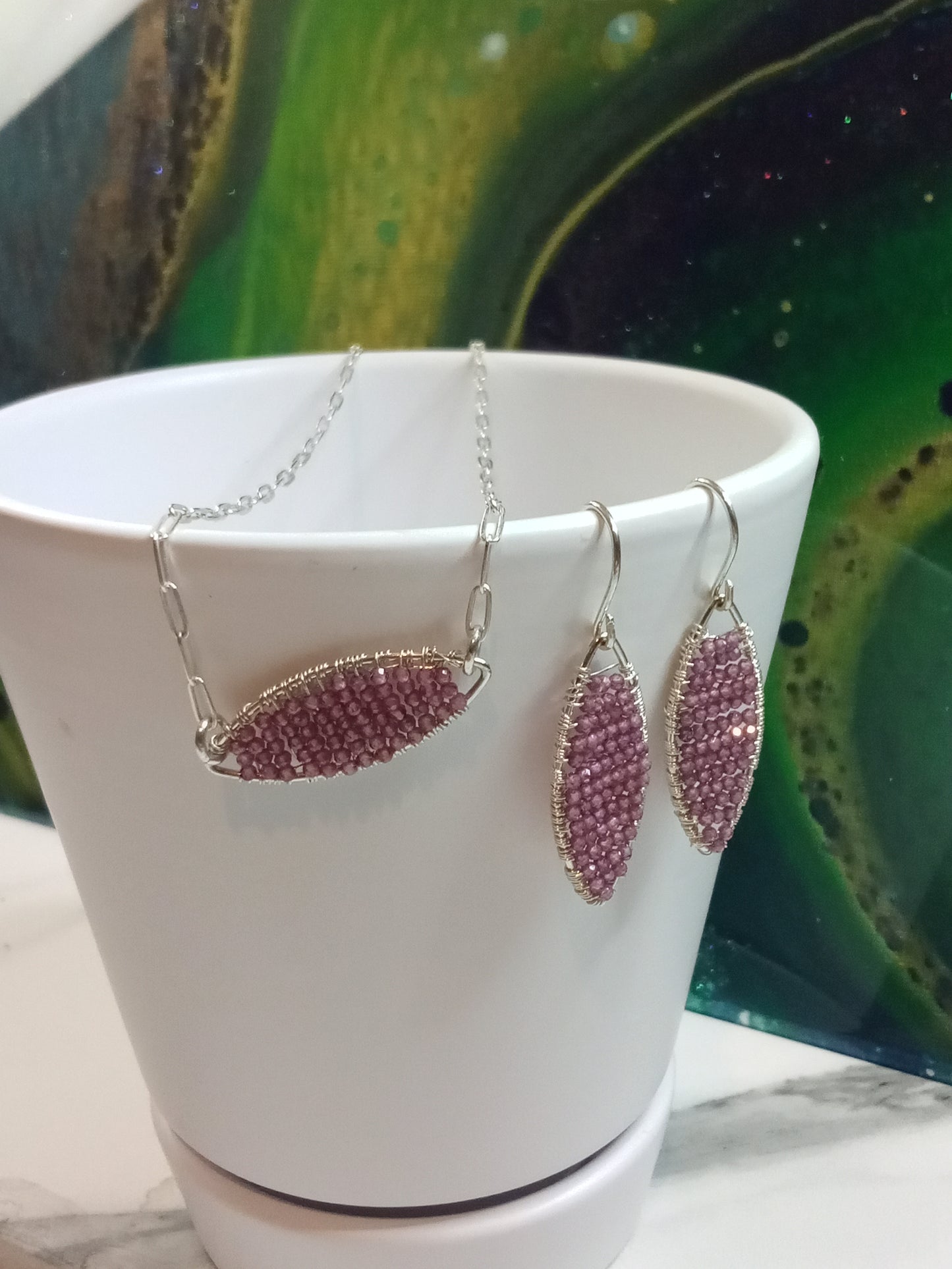 Pink Garnet & Sterling Silver Geometric Dangle Dainty Sparkle Beaded Earrings
