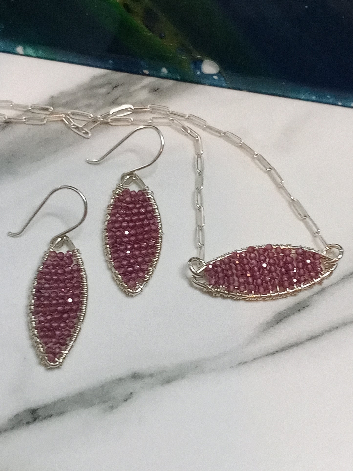 Pink Garnet & Sterling Silver Geometric Dangle Dainty Sparkle Beaded Earrings