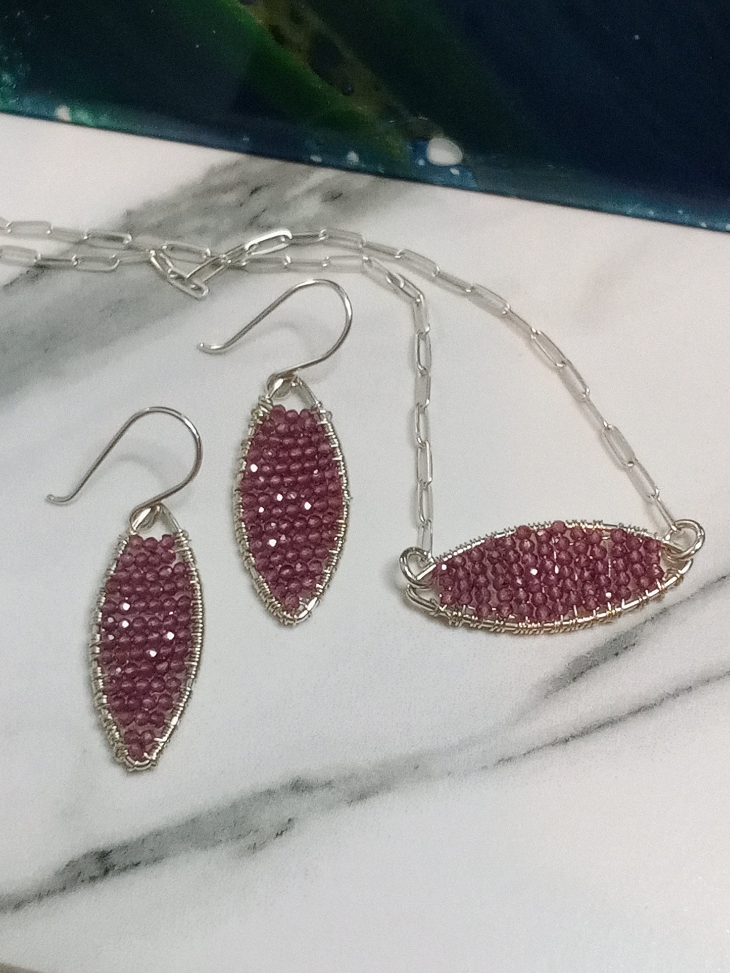 Pink Garnet & Sterling Silver Geometric Dangle Dainty Sparkle Beaded Earrings