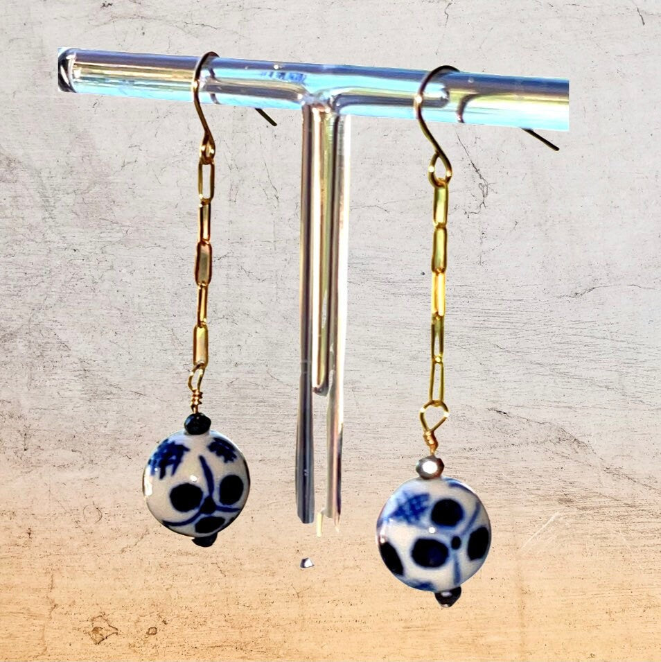 Vintage, Hand-Painted Chinese Bead Paperclip Chain Earrings