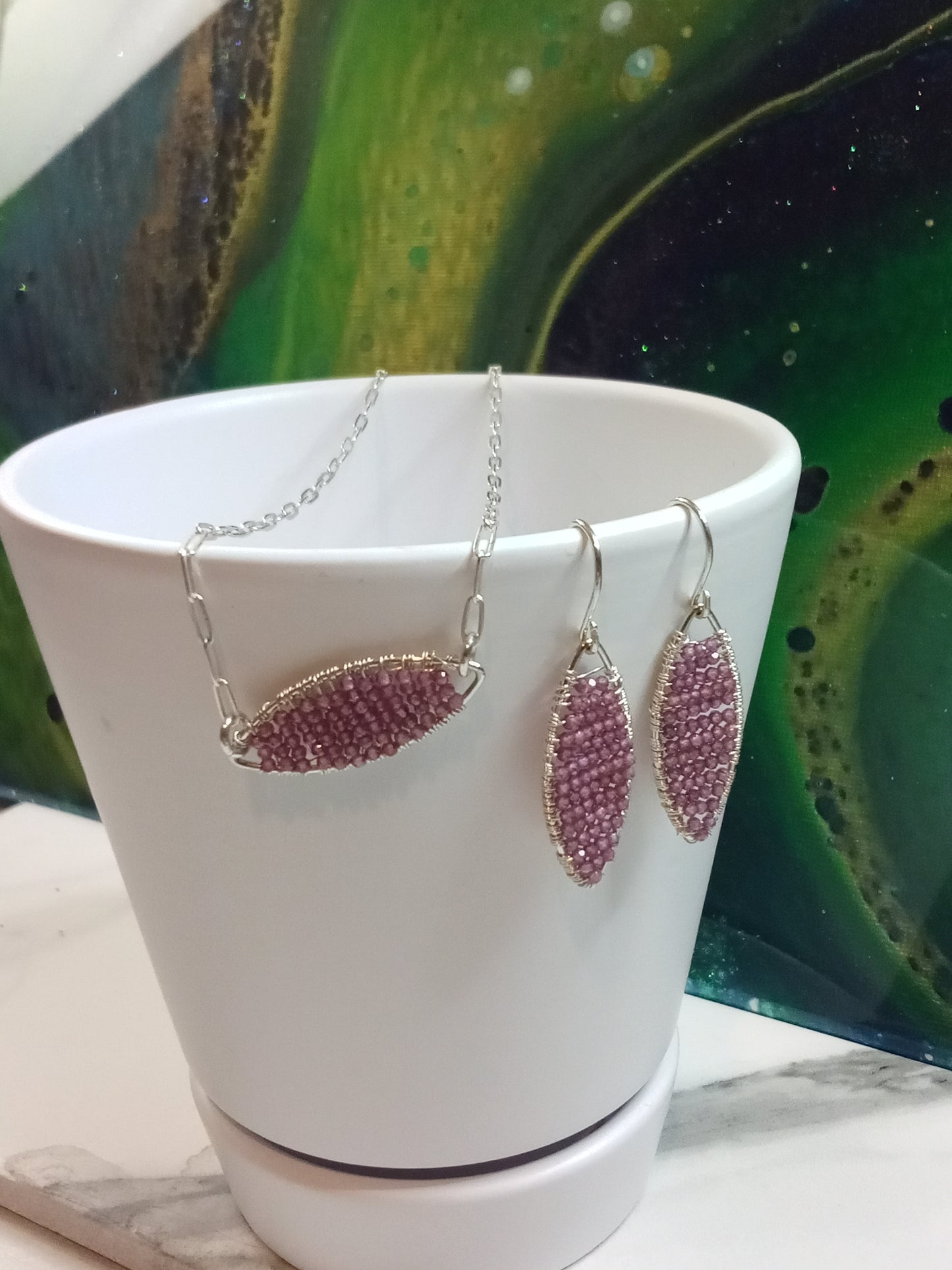 Pink Garnet & Sterling Silver Geometric Dangle Dainty Sparkle Beaded Earrings