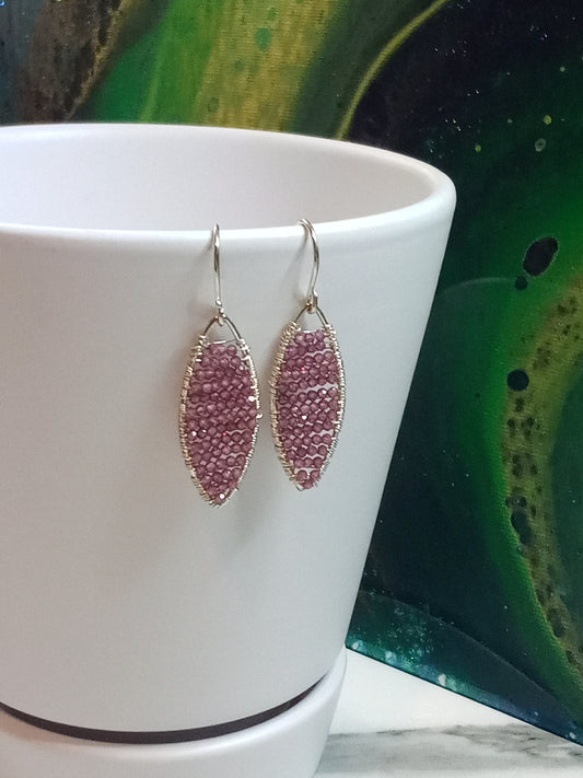 Pink Garnet & Sterling Silver Geometric Dangle Dainty Sparkle Beaded Earrings