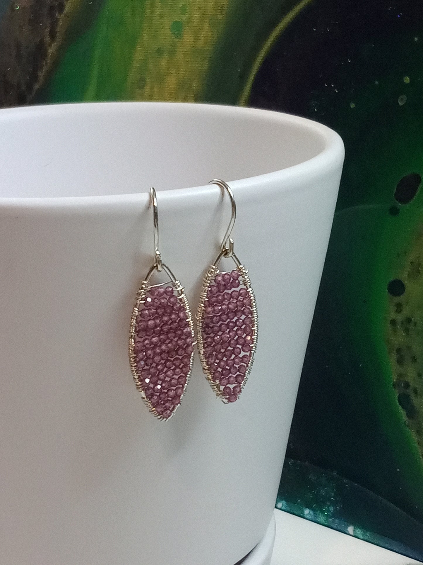 Pink Garnet & Sterling Silver Geometric Dangle Dainty Sparkle Beaded Earrings
