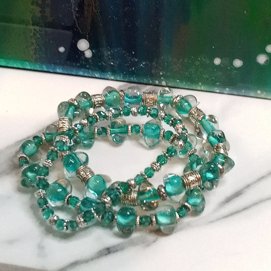Small (3) Strand Set Green & Clear Glass Bead Stacking Bracelets