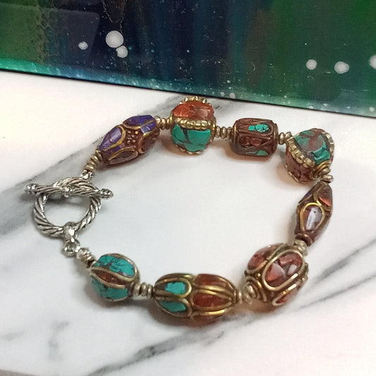 Tibetan Turquoise & Brass Beaded Bracelet Stacking Fashion Accessory Jewelry Active