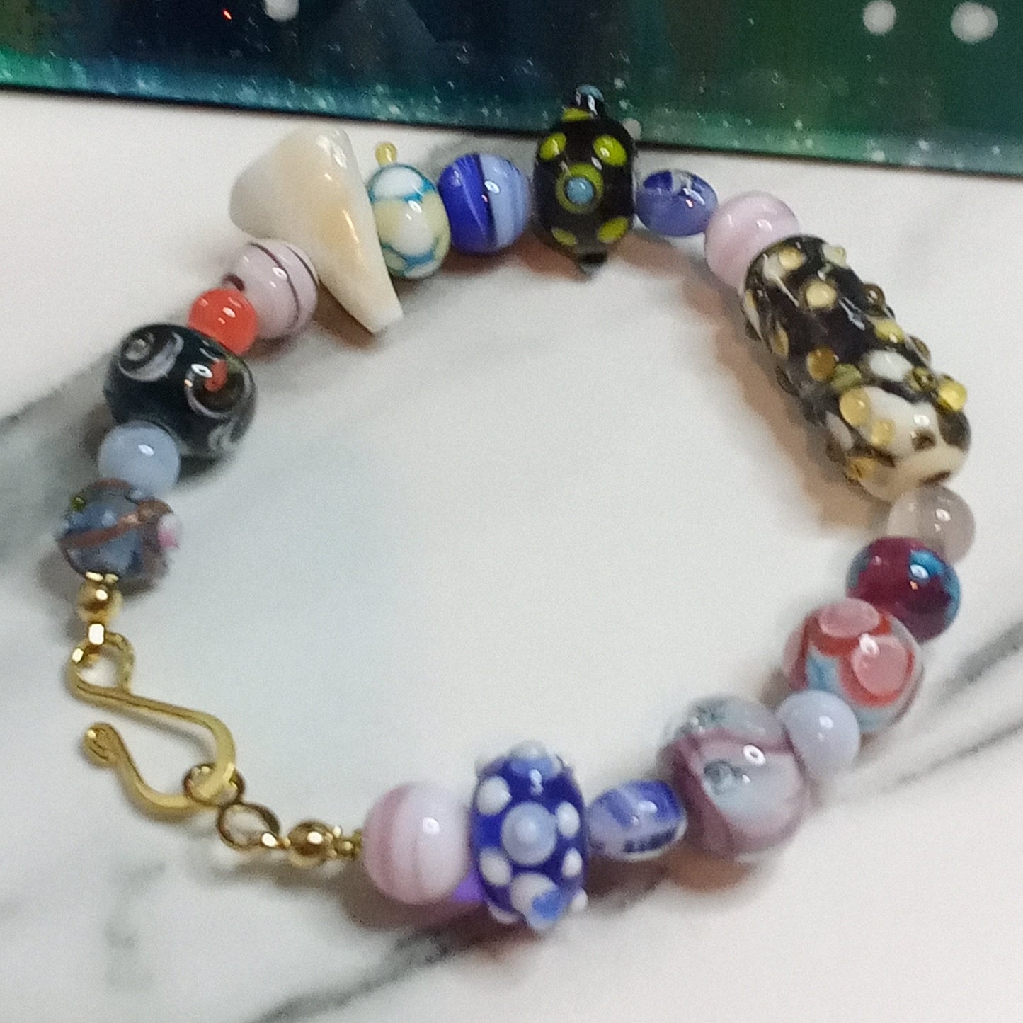 Lampwork, Shell & Various Beads Beaded Bracelet Colorful Artsy Statement Eclectic Stacking