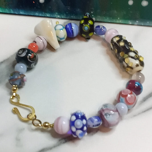 Lampwork, Shell & Various Beads Beaded Bracelet Colorful Artsy Statement Eclectic Stacking