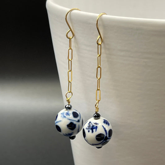 Vintage, Hand-Painted Chinese Bead Paperclip Chain Earrings