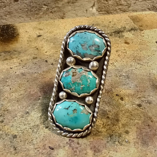 Tibetan Turquoise & Sterling Silver Rustic Southwest-Style Ring, One-Size Adjustable Band